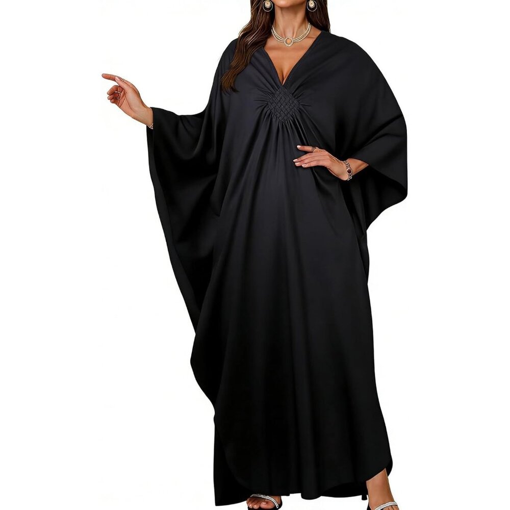 Women's Elegant Black V-Neck Batwing Sleeves Smocked Waist Maxi Kaftan Dress